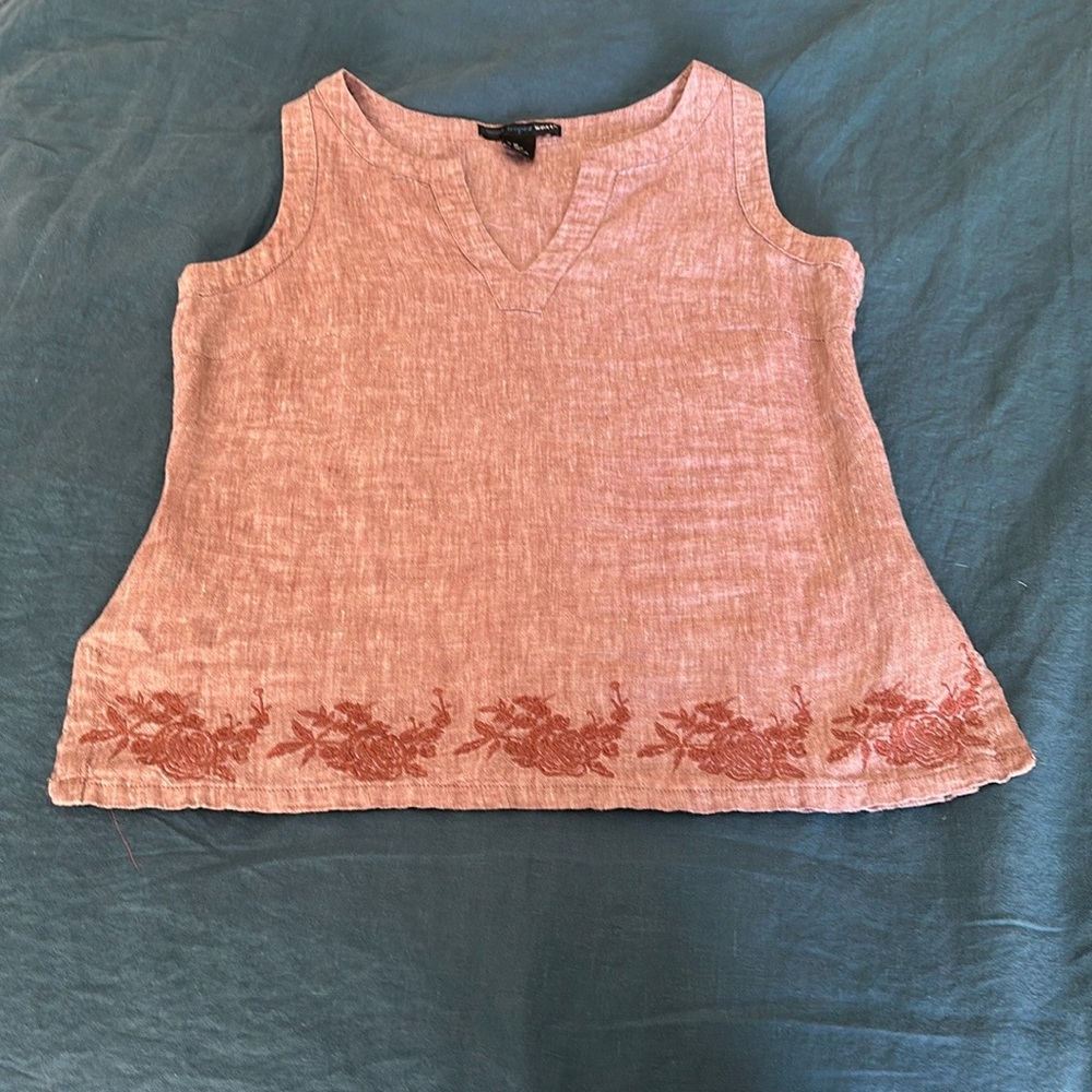 100% Linen Saint Tropez West Pink Sleeveless Tank Top with Embroidery Detail